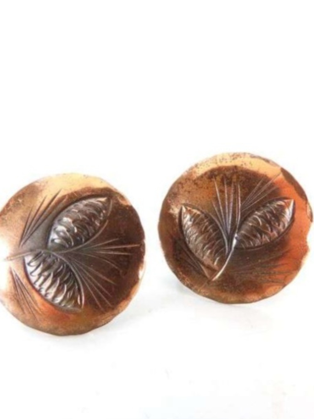 Vintage Round Copper Leaf Relief Clip-On Earrings - Brown Copper